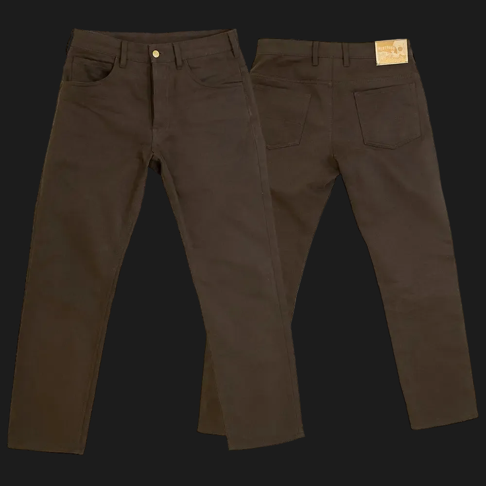 A pair of dark brown slim-fit jeans shown from both the front and back views against a solid black background.
