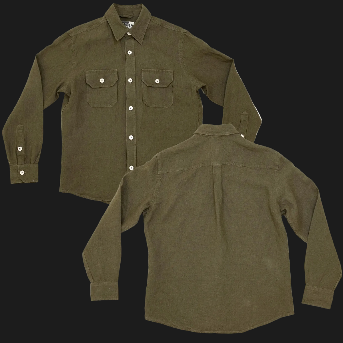 An olive green long-sleeve button-up shirt shown from both the front and back against a solid black background.