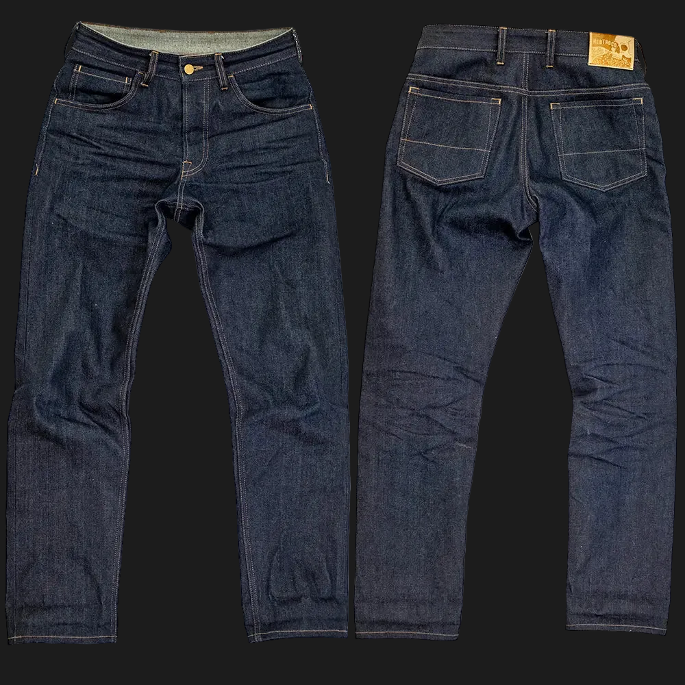 Front and back views of dark indigo denim jeans laid flat against a black background, showing the waistband, front pockets, and back pockets.
