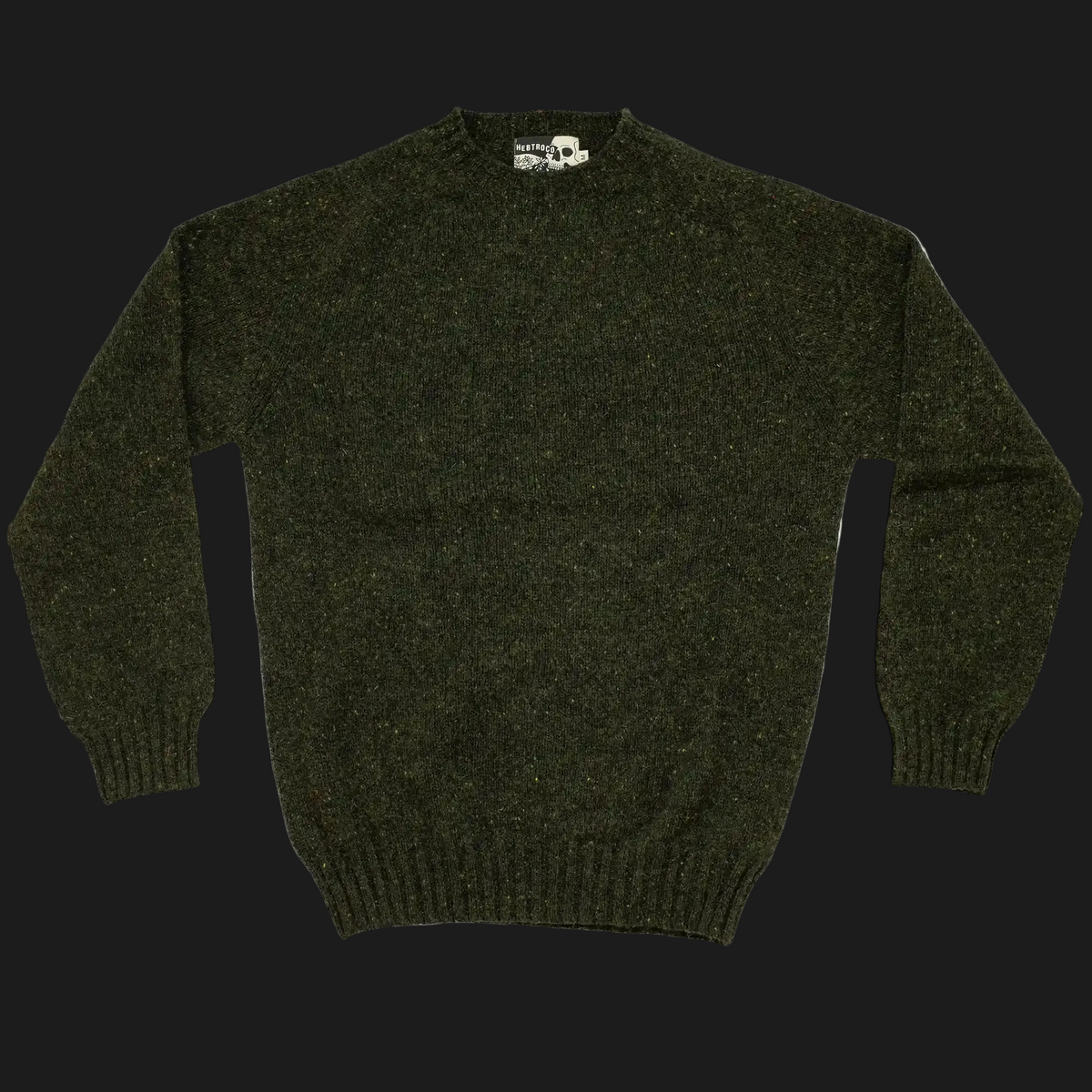 An olive green long-sleeve knit sweater with a crew neck and ribbed cuffs and hem, laid flat against a dark background.