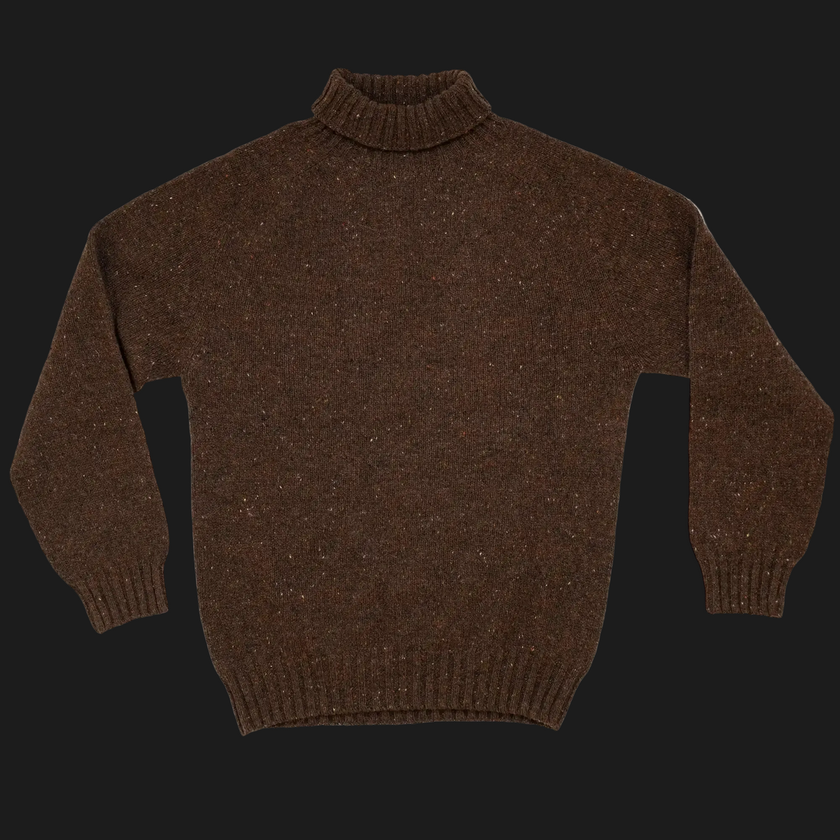 A dark brown knit turtleneck sweater with a textured, heathered appearance, shown flat against a solid black background.