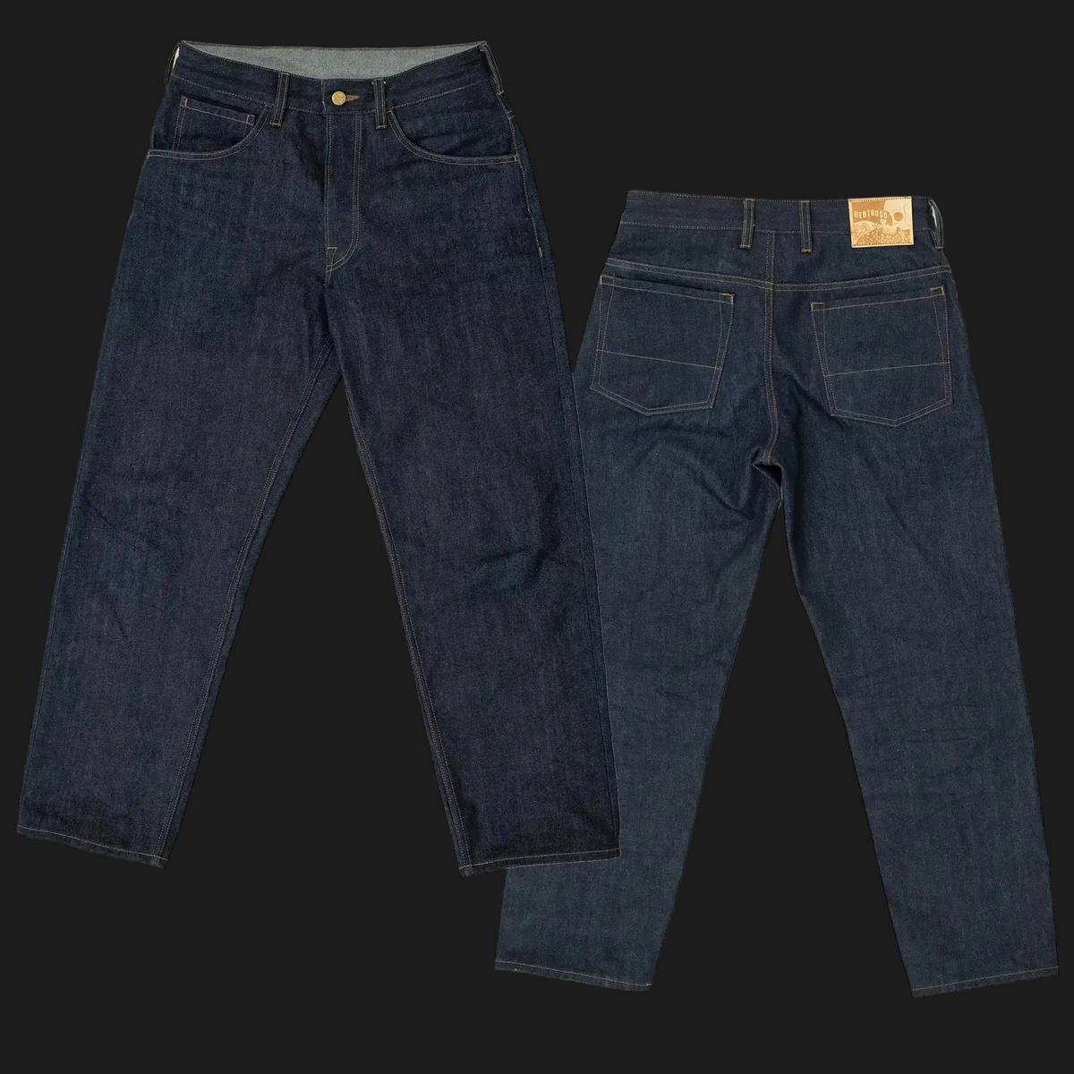 Two views of dark indigo denim jeans laid flat on a dark background, showing the front waist and back pockets on the left, and the back waist and back pockets on the right.