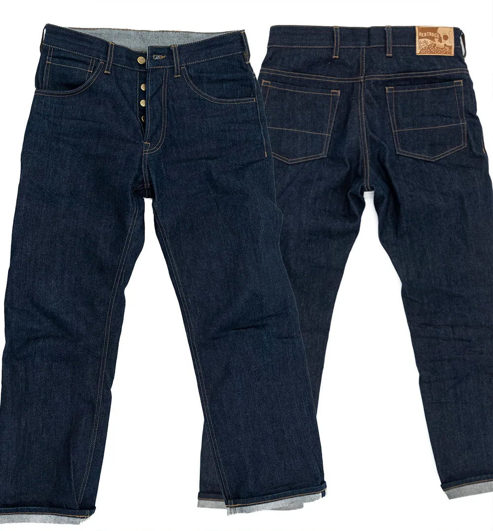 Front and back views of dark indigo denim jeans laid flat on a white background, showing the button fly, front pockets, and back pockets.