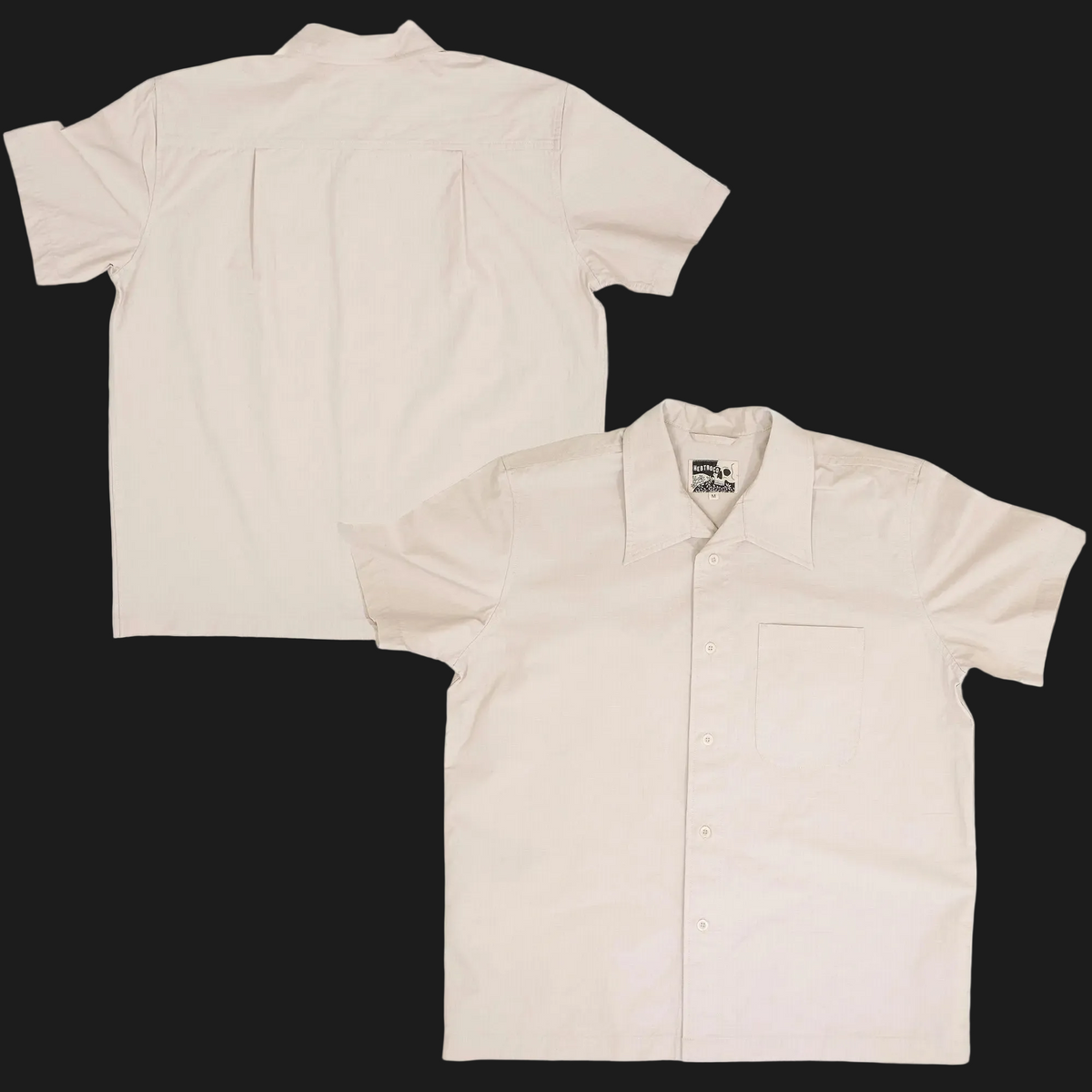 A short-sleeve button-up shirt shown from both front and back on a black background. The shirt is a warm off-white or cream color, which maps to Beige under the schema's guidelines for warm off-whites.